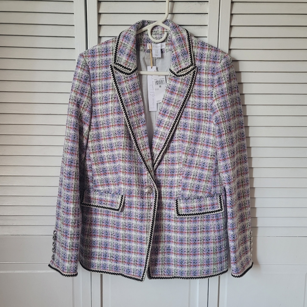 HOUSE OF HARLOW 1960 Pastel Lilac Tweed Blazer with Black Trim, Size M